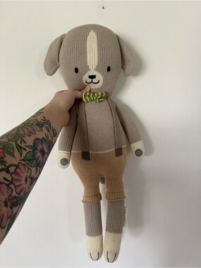 Cuddle + Kind Noah The Dog Puppy Gray Knit Plush Stuffed Animal Toy Green Bowtie